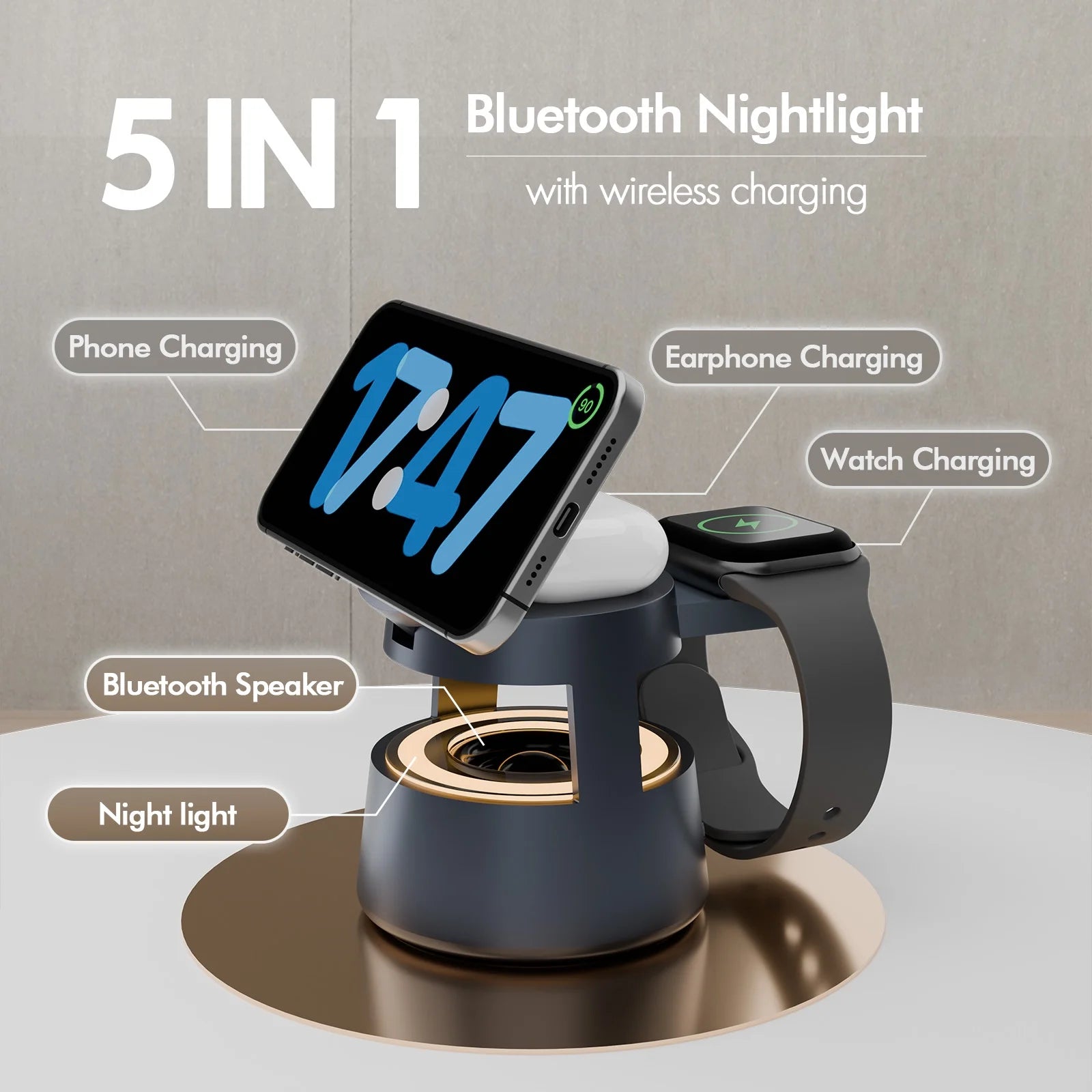 5 in 1 Wireless Charging Station, 15W Fast Charging Wireless Charger for Iphone Airpods Iwatch with Magsafe,Bluetooth Speakers,Mushroom Light Compatible with Iphone 8 and above Series